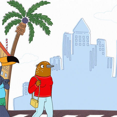 Animiert: Tuca und Bertie überqueren eine Straße in Bird Town