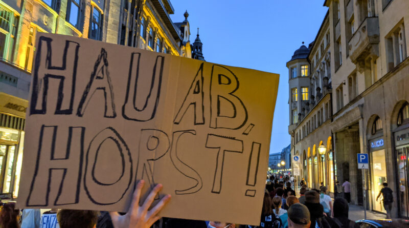 Foto der Demo: Ein Pappschild mit "Hau ab Horst" als Text