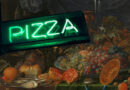 Ein Stillleben voller Lebensmittel, davor ein Pizzaschild: Als Pizzabeläge eignen sich mehr Dinge, als du denkst!