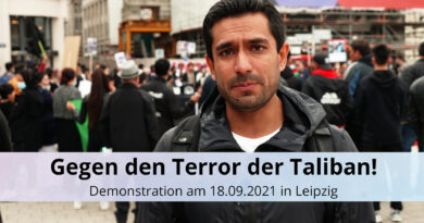 Grafik mit Foto von Feroz Nuranfar "Gegen den Terror der Taliban! Demonstratoion am 18.09.2021 in Leipzig"