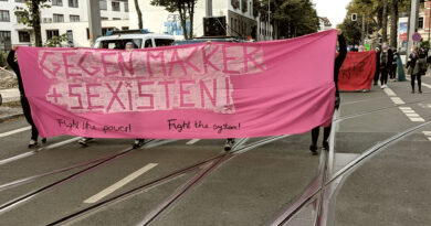 Foto des Fronttransparents: "Gegen Macker und Sexisten - Fight the power fight the system"